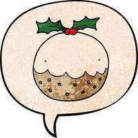 cartoon christmas pudding and speech bubble in retro texture style vector