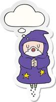 cartoon floating wizard and thought bubble as a printed sticker vector