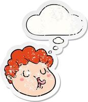 cartoon male face and thought bubble as a distressed worn sticker vector