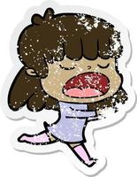 distressed sticker of a cartoon woman talking loudly vector