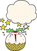 cute cartoon happy christmas pudding and thought bubble in comic book style vector