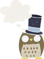 cartoon owl wearing top hat and thought bubble in retro style vector