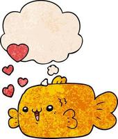 cute cartoon fish with love hearts and thought bubble in grunge texture pattern style vector