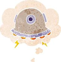 cartoon UFO and thought bubble in retro textured style vector