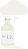 botella de leche de dibujos animados y burbuja de pensamiento en estilo retro vector