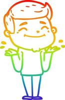 rainbow gradient line drawing happy cartoon man shrugging vector