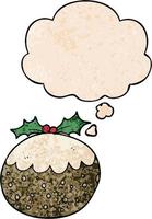 cartoon christmas pudding and thought bubble in grunge texture pattern style vector