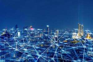 Wireless network, Connection technology concept, Information communication network, abstract line connection on night city background photo