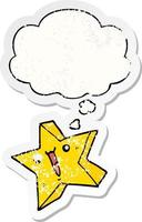 cartoon happy star and thought bubble as a distressed worn sticker vector