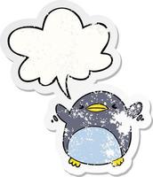 cute cartoon penguin flapping wings and speech bubble distressed sticker vector