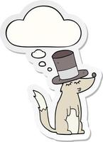 lobo de dibujos animados silbando con sombrero de copa y burbuja de pensamiento como pegatina impresa