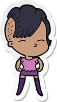 sticker of a cartoon squinting girl vector