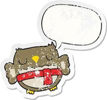 cartoon owl and speech bubble distressed sticker vector