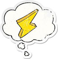 cartoon lightning and thought bubble as a distressed worn sticker vector