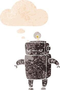 cartoon robot and thought bubble in retro textured style vector