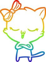 rainbow gradient line drawing cartoon cat with bow on head vector