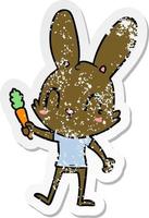 pegatina angustiada de un lindo conejo de dibujos animados con zanahoria vector