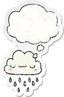 cartoon storm cloud and thought bubble as a distressed worn sticker vector