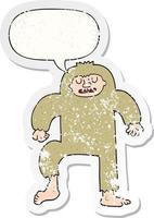 cartoon bigfoot and speech bubble distressed sticker vector