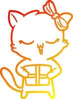 warm gradient line drawing cartoon girl cat with christmas present vector