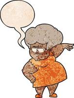 cartoon angry old woman and speech bubble in retro texture style vector