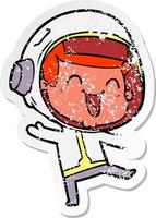distressed sticker of a happy cartoon astronaut vector