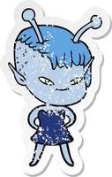 distressed sticker of a cute cartoon alien girl vector