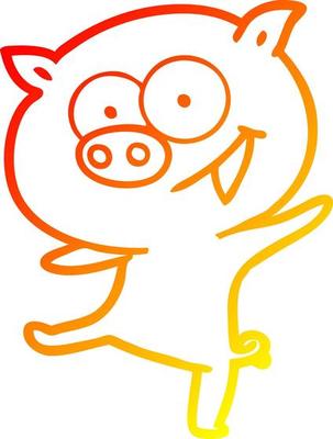 warm gradient line drawing cheerful dancing pig cartoon