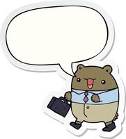 cute cartoon business bear and speech bubble sticker vector