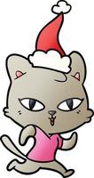 gradient cartoon of a cat out for a run wearing santa hat vector