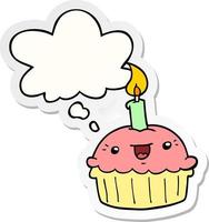 cartoon cupcake with candle and thought bubble as a printed sticker vector