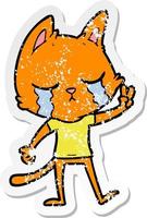 distressed sticker of a crying cartoon cat vector