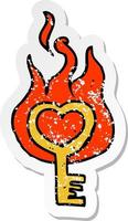 retro distressed sticker of a cartoon flaming key vector