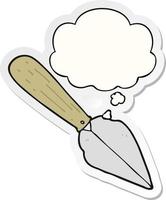 cartoon garden trowel and thought bubble as a printed sticker vector