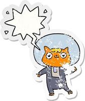 cartoon space cat and speech bubble distressed sticker vector