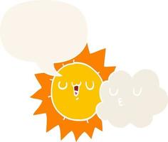 dibujos animados de sol y nube y burbuja de habla en estilo retro vector