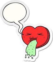 cartoon love sick heart and speech bubble sticker vector