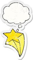 cartoon shooting star and thought bubble as a distressed worn sticker vector