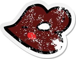 retro distressed sticker of a cartoon glossy lips vector