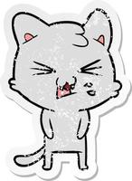 distressed sticker of a cartoon hissing cat vector