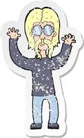 retro distressed sticker of a cartoon hippie man waving arms vector