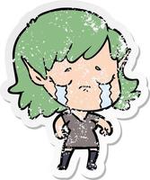 distressed sticker of a cartoon crying elf girl vector