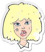 pegatina retro angustiada de una mujer de dibujos animados con la cara magullada vector