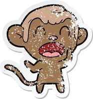 distressed sticker of a shouting cartoon monkey vector