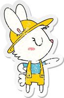 distressed sticker of a cartoon rabbit construction worker vector