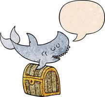 cartoon shark swimming over treasure chest and speech bubble in retro texture style vector