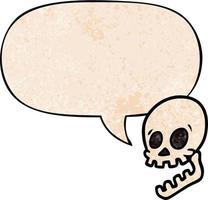 dibujos animados de calavera riendo y burbujas de habla en estilo de textura retro vector