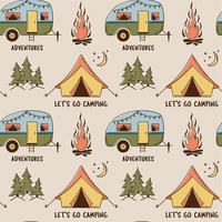 patrón de campamento de verano sin fisuras con caravana y tienda de campaña, viajes y noche en el bosque