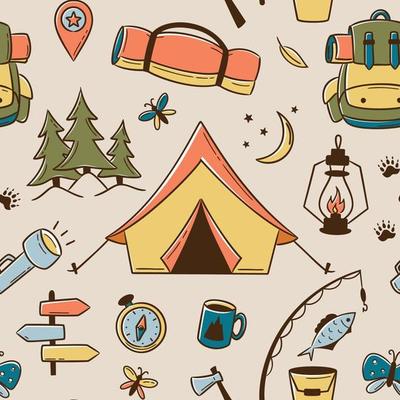 Seamless summer camp pattern, travel and overnight in the forest
