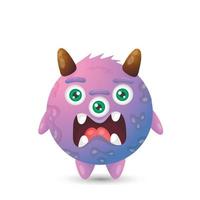 divertido monstruo de dibujos animados malvado púrpura redondo con tres ojos y una boca abierta para decoraciones de halloween para niños vector